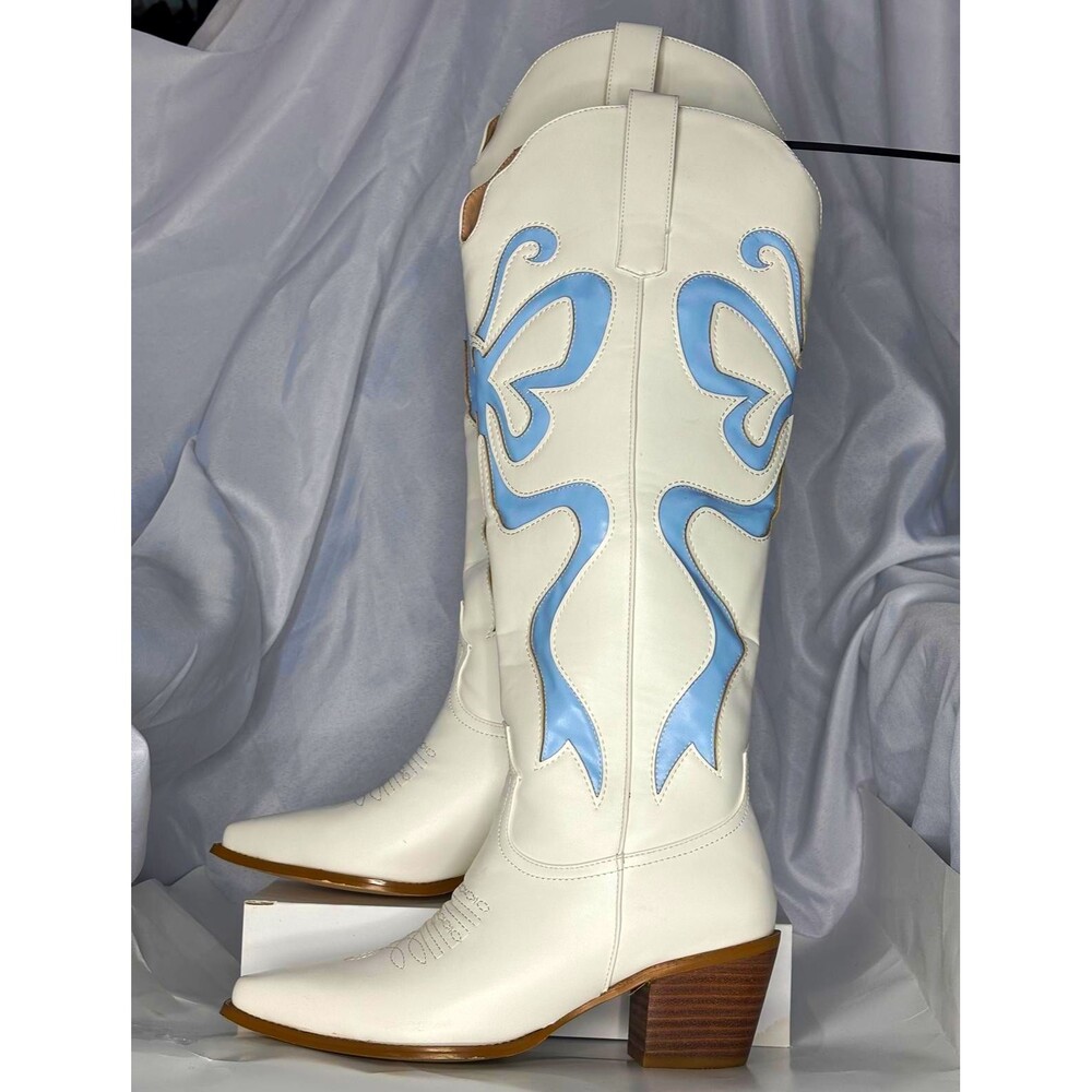 Women’s White Blue Western Cowboy Boots Size 9.5 Knee High Pointed Toe NWOT